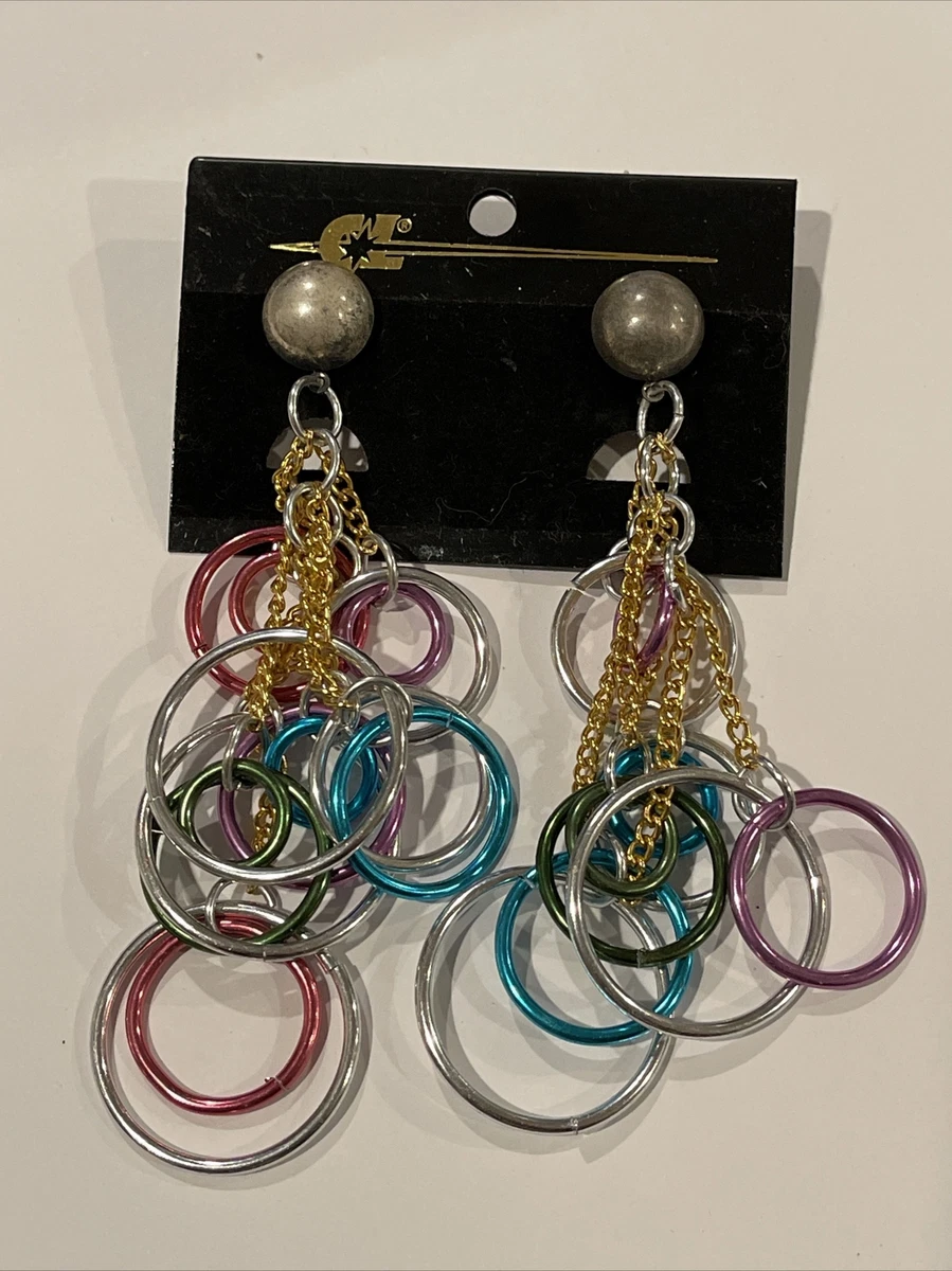 Vintage CL 80s 90s Multi Color Metal Linked Rings Large Dangle