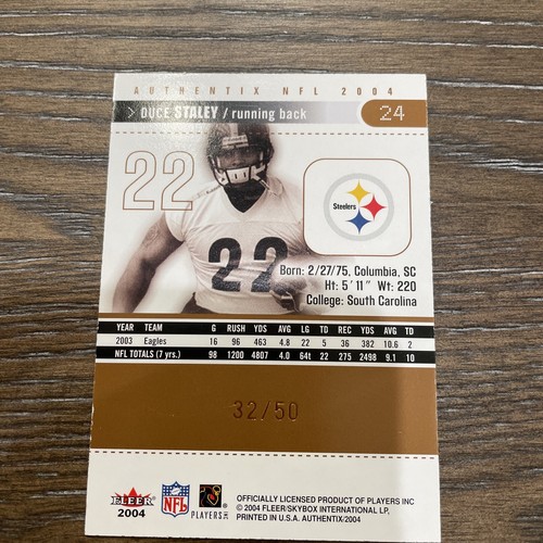 2004 Fleer Authentix Duce Staley /50 Pittsburgh Steelers Bronze - Picture 4 of 7