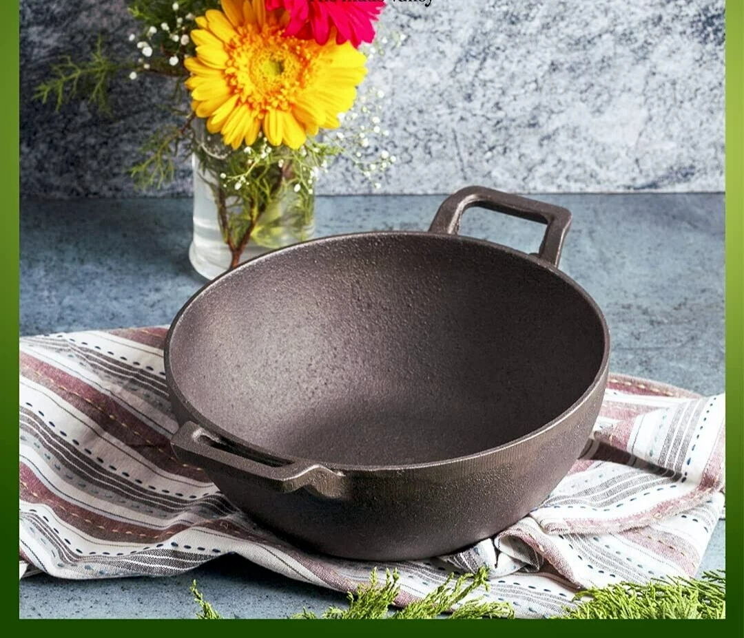 Indian Handmade Cast Iron Kadai Wok For Cooking & deep Frying Curved Handle 10''
