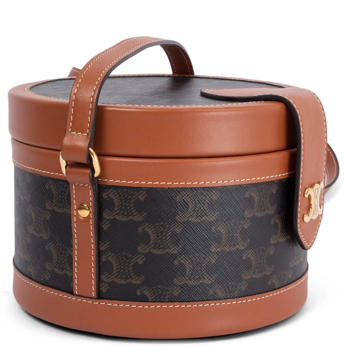 67133 auth CELINE tan leather Triomphe canvas MEDIUM TAMBOUR Shoulder Bag