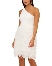AIDAN by ADRIANNA PAPELL Ivory One Shoulder Feather Chiffon Crepe Mini Dress 6