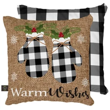 Checkered Mittens Winter Pillow Warm Wishes Indoor Outdoor 17" x 17"