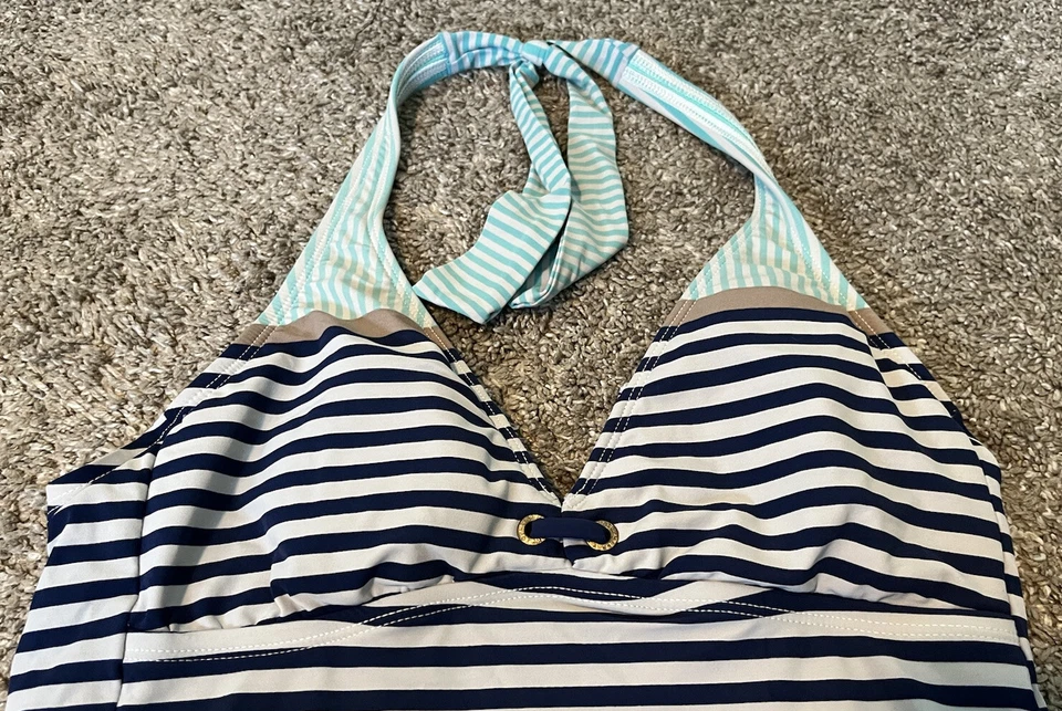 Sperry Top Sider 小号 Tankini 游泳上衣条纹蓝色白色吊带薄衬垫 — 第 2/4 张图片