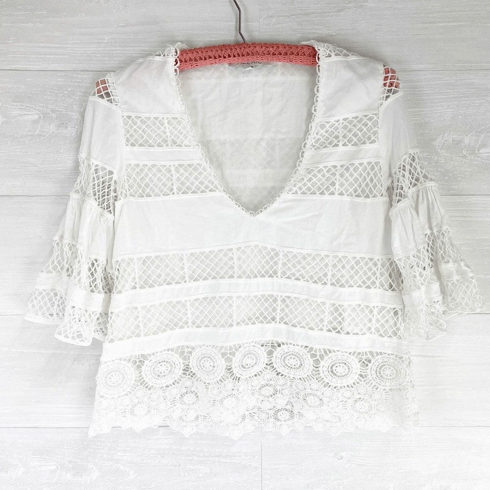 Alexis Lace Netted Silk Blend Bell Sleeve Top XS - image 1