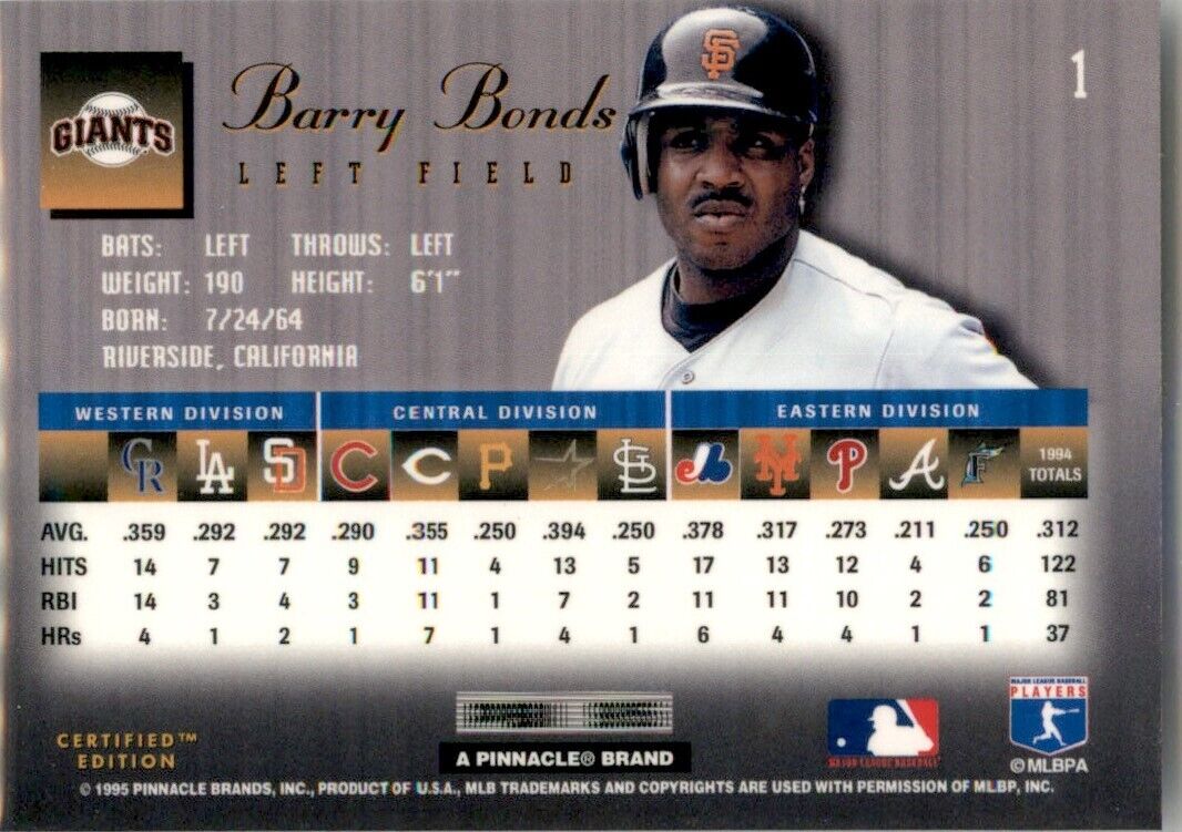 1995 Select Certified Edition Barry Bonds San Francisco 1995 Select Certified Edition Barry Bonds San Francisco