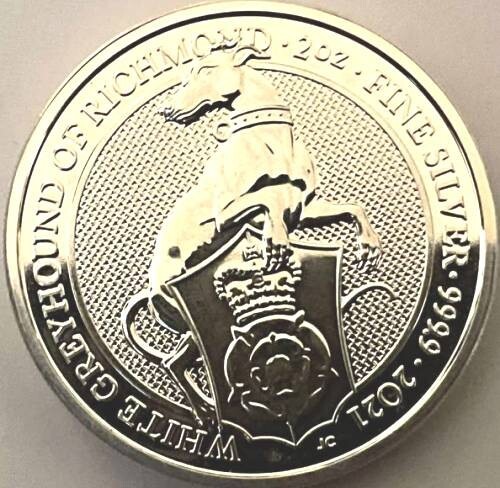 QUEENS BEASTS - WINDHUND VON RICHMOUND - 2 OZS - REINE SILBERMÜNZE - 999,9 "LESEN"