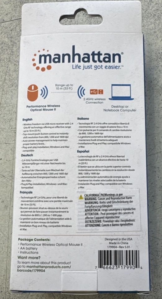 NEW Manhattan 179904 Performance II Wireless Mouse Black Adjustable DPI 800 1200 - Image 2 of 2