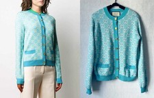 Gucci Blue Cardigan fits M/L US8 or loose US6 Cotton/Wool Sweater Jacquard
