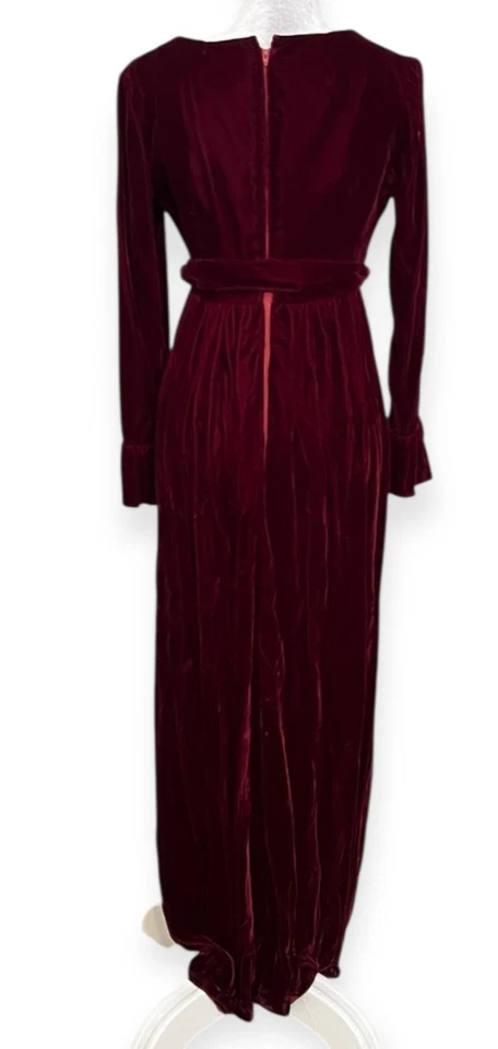 复古 Lorrie Deb 旧金山天鹅绒礼服 S 女式勃艮第长裙蕾丝 70 年代 — 第 2/4 张图片