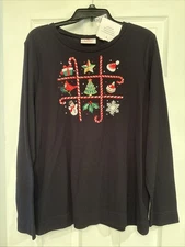 Quacker Factory Black Long Sleeve Holiday Squares Waffle Knit Top Size L NWT