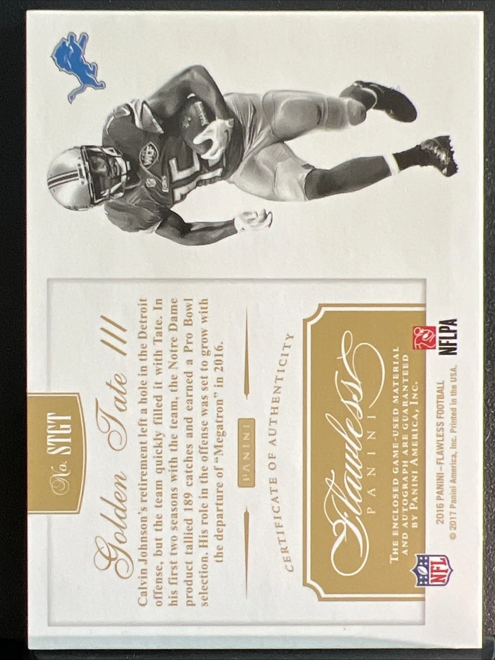 2016 Flawless Golden Tate Game Used Patch Auto /15 Silver Lions 🔥 Triple Color - Image 2 of 2