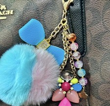 Multicolor Faux Fur Pom Pom Key Chain w/ Beaded Bow Flower, Women s