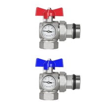 Eck-Kugelhahn Set 90° 1" vernickeltes Messing Thermometer rot/blau ENK3016