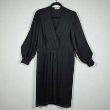 VTG Bits and Pieces Ltd Dress Black Pleated V Neck Long Sleeve Midi Woman Medium