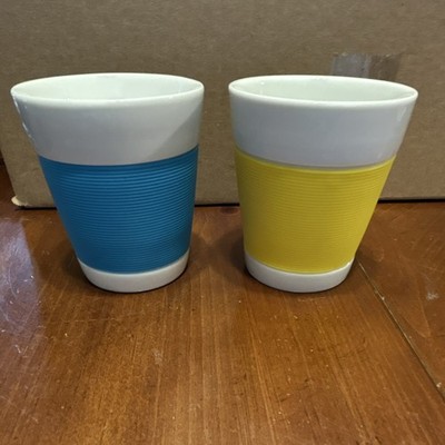 BODUM Porcelain Coffee Mug Set Blue Yellow Silicone Grip Dishwasher Safe 2-Piece
