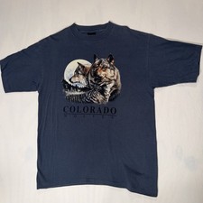 Prairie Mountain Mens Blue T-Shirt Wolf Colorado Size L Made in USA