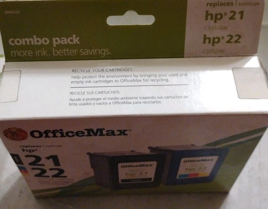 Cartuchos de inyección de tinta de repuesto OfficeMax (paquete combinado: HP 21 y HP 22) nuevos sin abrir Foto 2 de 4