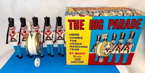 1960s MARX THE BIG PARADE Marching Band battery operated WORKS w/ Sound Rare Box