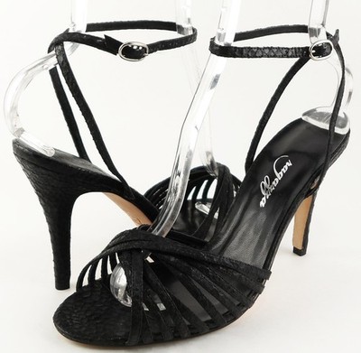 $99 RAGAZZA JOLIE Black Cobra Leather Designer Open Toe Ankle Sandals Heels 8.5