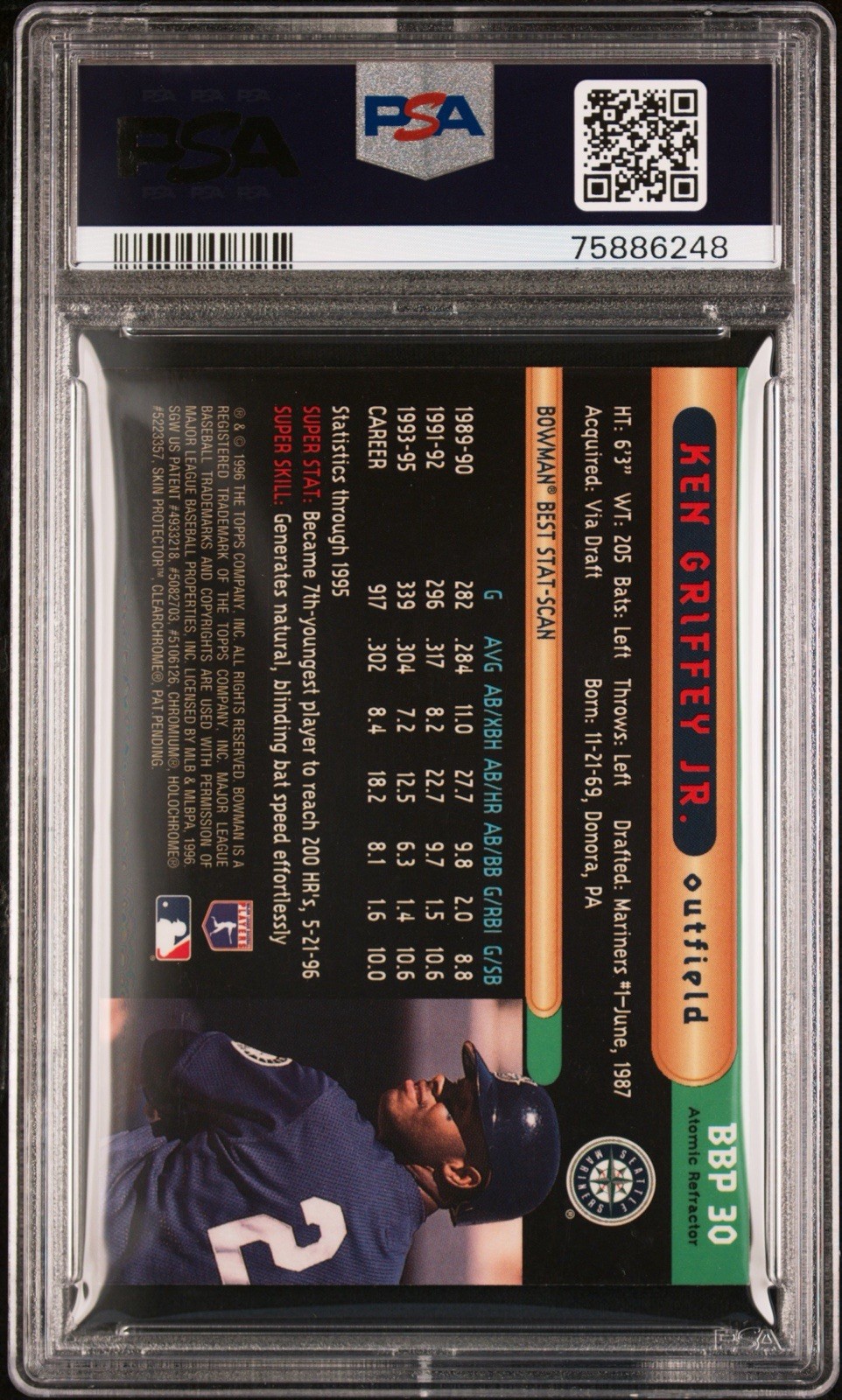 1996 Bowman’s Best Preview Atomic Refractor Ken Griffey Jr #BBP30 PSA 9 view 2