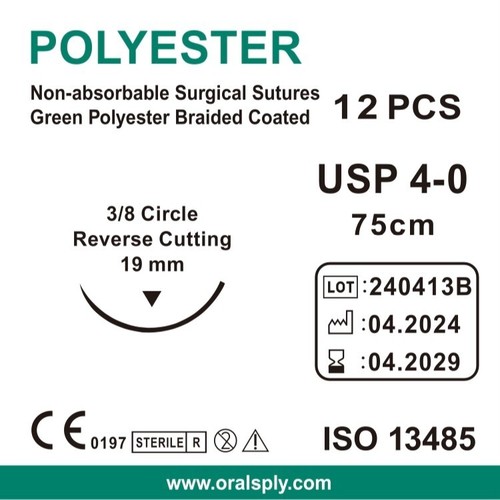 8 Boxes Dental Sutures POLYESTER 4-0 Green Braided 75cm 3/8 Reverse Cutting 19mm - Picture 3 of 3