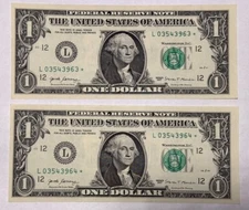 $1 Star Notes-Low Run-500k Consecutive Serial Numbers 2pcs GAS PUMP ERROR CRISP