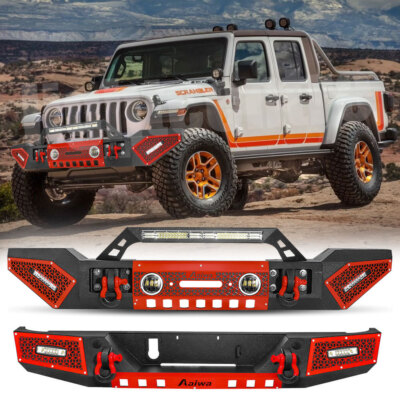 For 2020-2024 Jeep Gladiator JT W/Winch Plate & LED Lights Front or Rear Bumper
