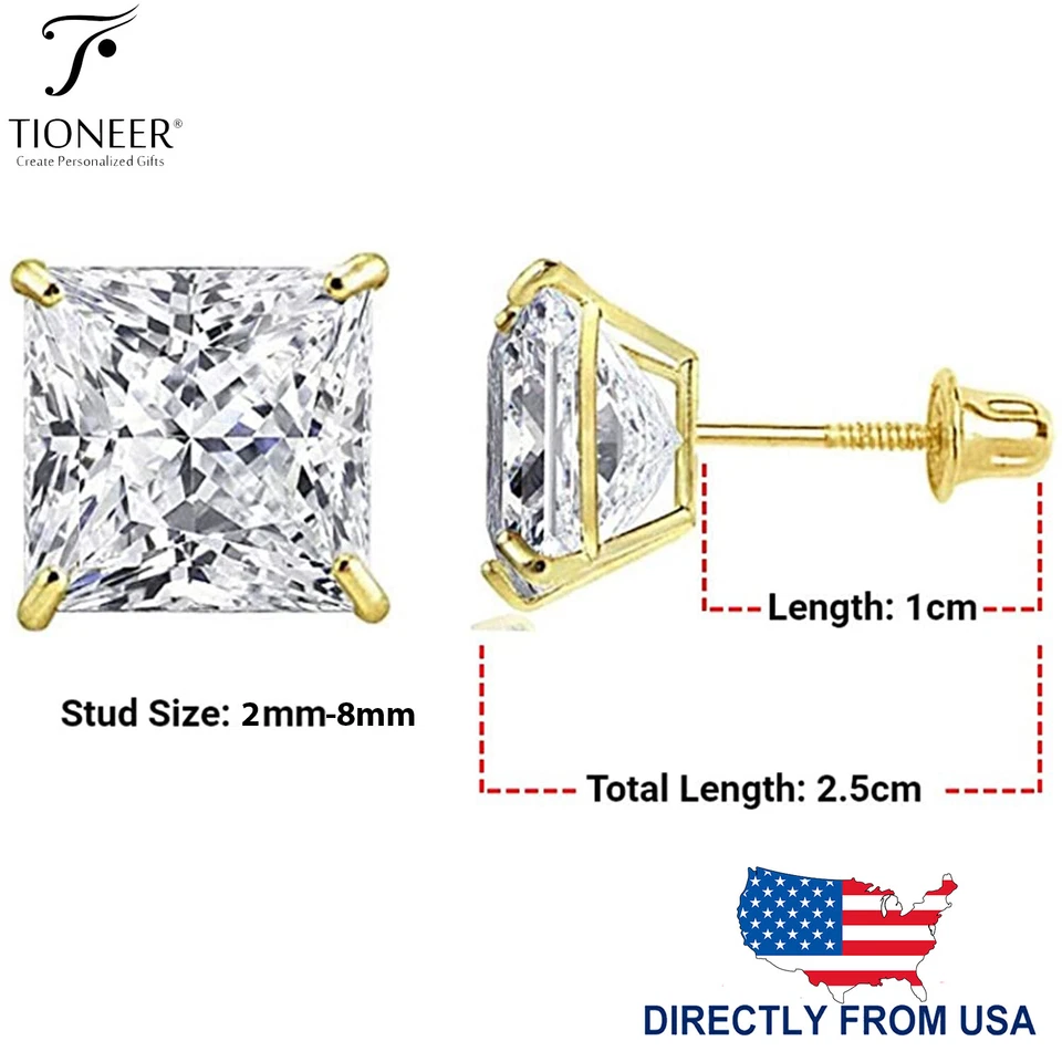 14K白金方形公主切割立方氧化锆螺丝背耳钉耳环 — 第 3/4 张图片