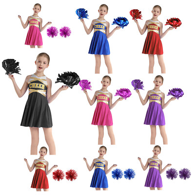 Kids Girls Cheerleading Festival Dress With 2Pcs Hand Flowers