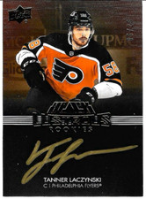 TANNER LACZYNSKI 2021-22 UD Black Lustrous Rookie Gold Auto Flyers LRS-TL RC /25