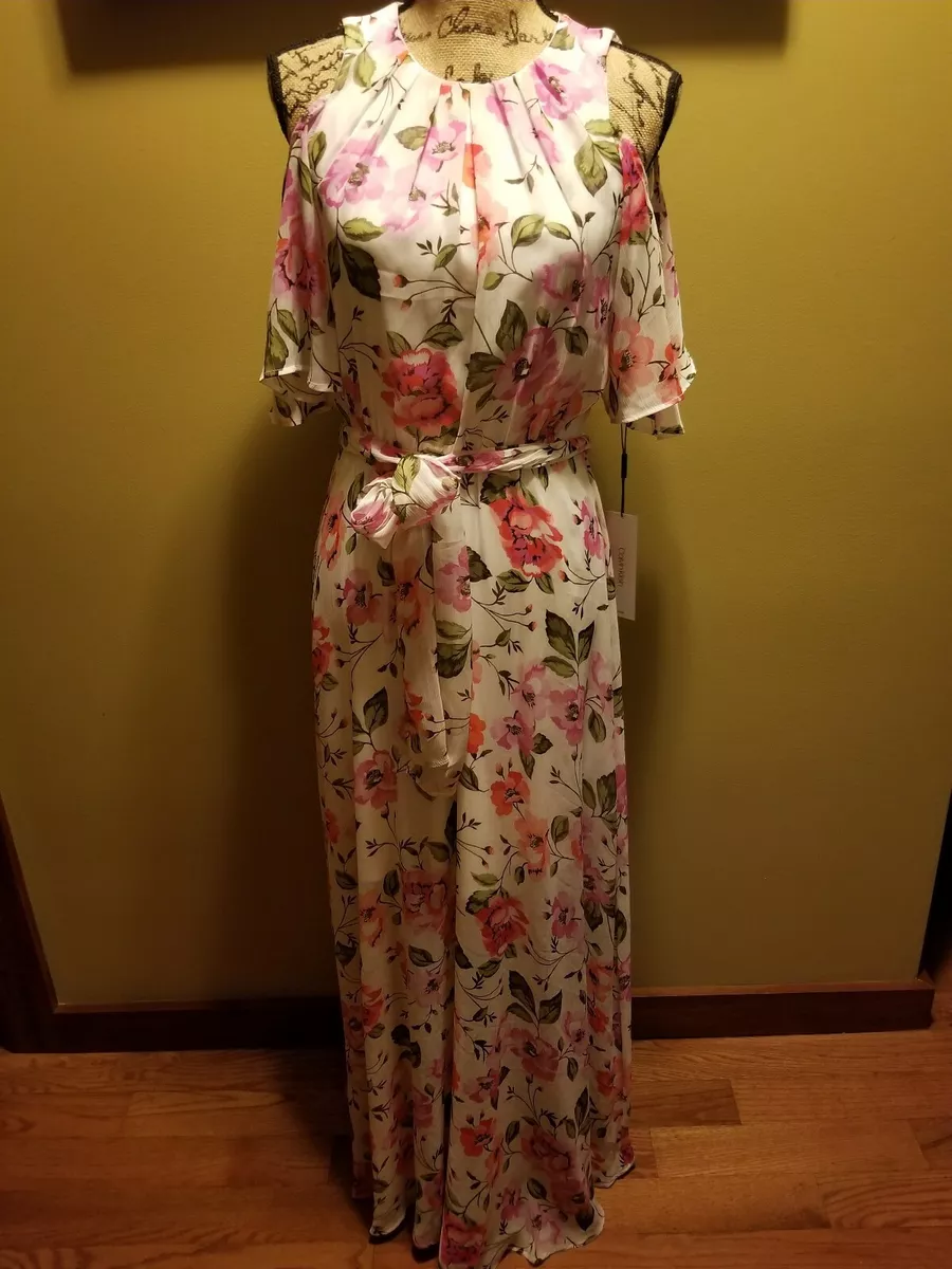 NWT Womens Calvin Klein Pink Floral Cold Shoulder Maxi Dress Belted Pleated 4