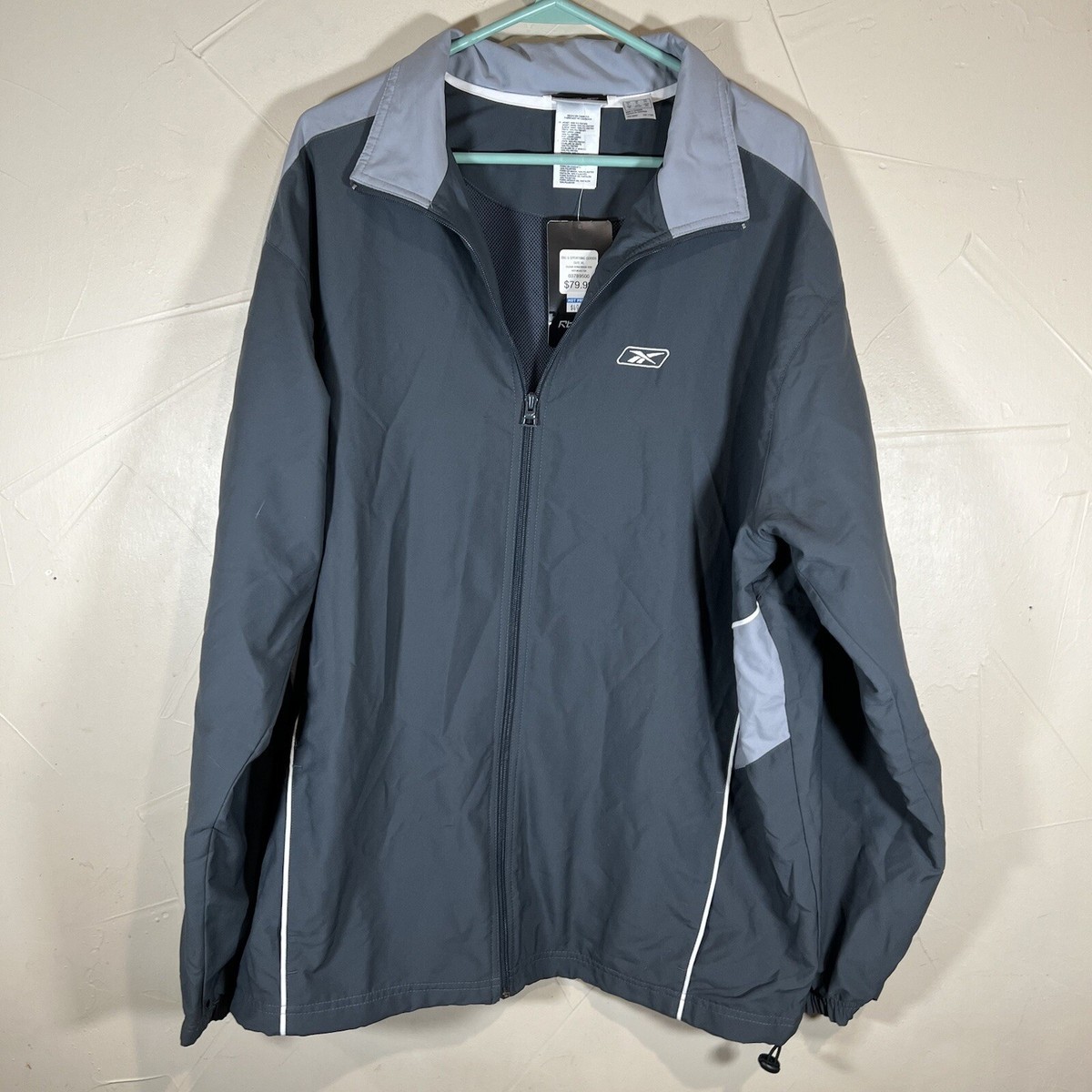 Reebok Mens Windbreaker Jacket Full Zip Mesh Lined Gray Size