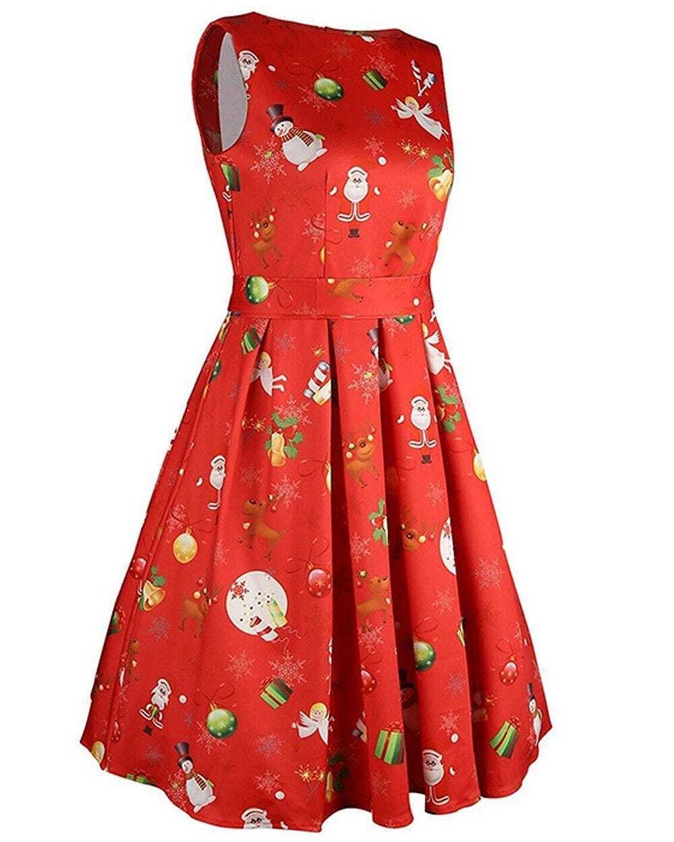 K461 Red Santa Christmas Vintage Swing Flare Dress Snowflake Xmas