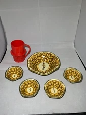 Vintage USA Tin Planters Peanuts bowl & 4 Indiv. Bowls & 1 Red Cup