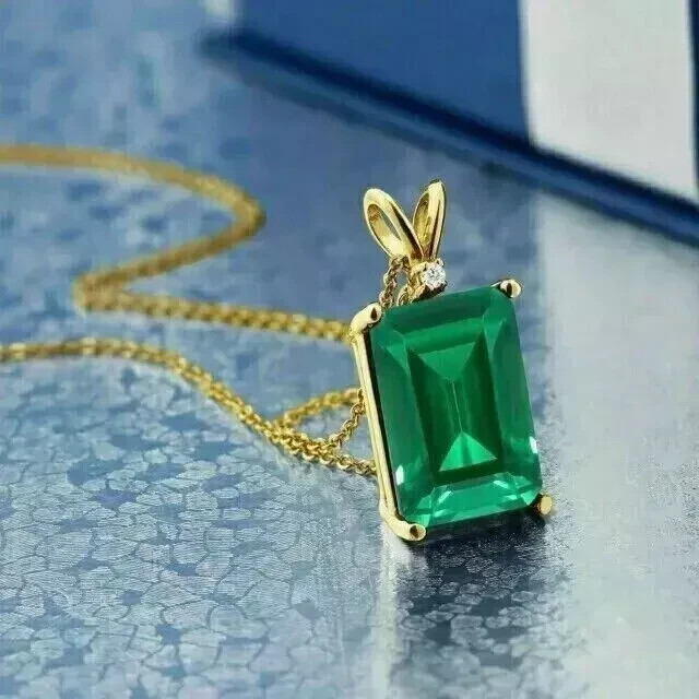 Natural Green Emerald 5Ct Emerald Cut Solitaire Pendant 14K Yellow Gold  Plated