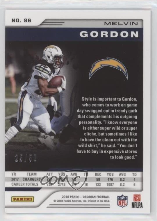 2018 Panini Obsidian Electric Etch Orange /50 Melvin Gordon #86 - Image 2 of 2