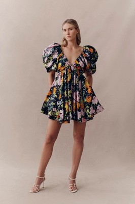 AJE Gabrielle Plunge Mini Dress Size 8 Midnight Floral Puff Sleeve Party