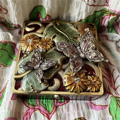 STWF Butterfly Floral Metal Enamel Trinket Box with Mirrored Lid, Small Square