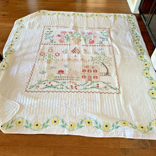 Vintage White Cross Stitch Large Quilt Floral Farmhouse Cottage 120x80 Has Flaws