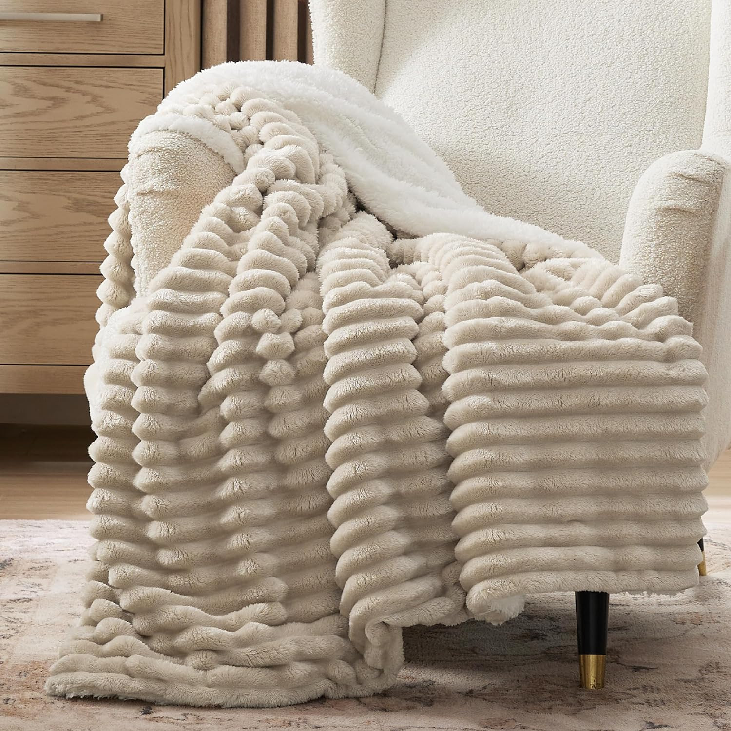 Sherpa Throw Blanket 50x60 Soft Cozy Fleece Warm Plush Fluffy Beige Gift - US