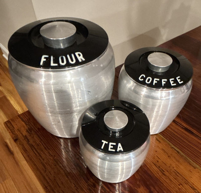 Vintage 3pc Kromex Aluminum Kitchen Canister Set Black Lids Tea Coffee Flour