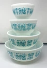 Vintage PYREX Set of 4 Amish Butterprint Turquoise on White Mixing Bowls 401-404