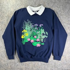 Vintage 80s Hanes Navy Blue Collared Sweatshirt / Large Water Lily Pond USA Made