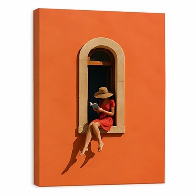 Woman Reading In Window Canvas Art Orange Wall Mediterranean Decor Gift