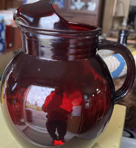 Vintage 1940's Anchor Hocking Cranberry Red Roly Poly Pitcher with Ice Lip