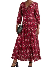 SeaSalt Women Furled Flower Midaxi Dress size 18 Pockets Lined FrillVNeck RedMix