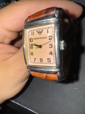 Emporio Armani Men’s Rectangular Quartz Watch – Tan Dial, Brown Leather  Strap