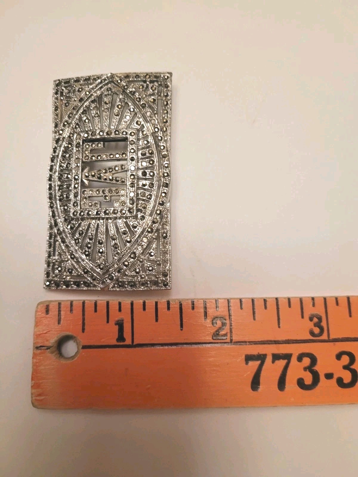 Marcasite Rectangle Pin Initials JVE Silvertone M… - image 4