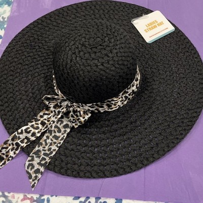 Greenbrier International Black Straw Sun Hat Wide Brim Leopard Bow Accent Women