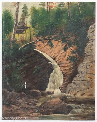 Antique Oil Painting of Wooded Landscape with Waterfall by Inez Krantz 15.5x12''